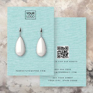 Aqua blue linen look logo QR earring display card