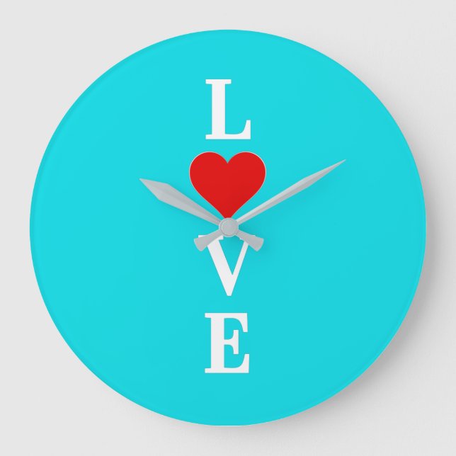 Aqua Blue LOVE Heart Large Clock (Front)