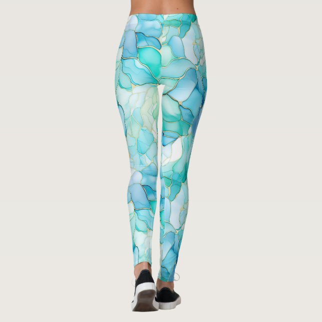 Aqua Blue Marble Abstract Leggings (Back)