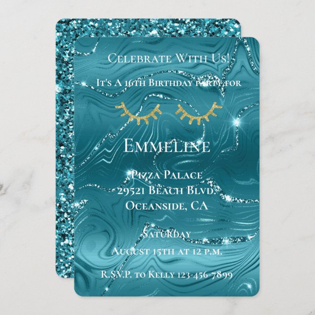 Aqua Blue Marble Glitzy Gold Glitter Eyelashes  Invitation (Front/Back)