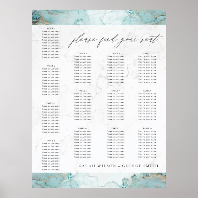 AQUA BLUE MARBLE GOLD AGATE WEDDING SEATING CHART (Front)