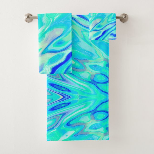 Aqua Blue Marble Texture Abstract Liquid Pattern Bath Towel Set (Insitu)