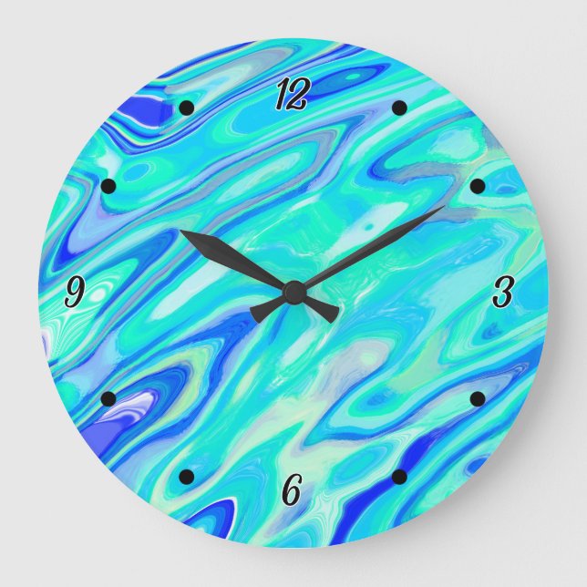 Aqua Blue Marble Texture Abstract Liquid Pattern Large Clock (Front)