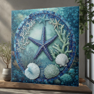 Aqua blue Marine Life Starfish Coral Reef Seashell Tile