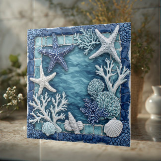 Aqua blue Marine Life Starfish Coral Reef Tropical Tile