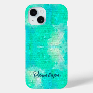 Aqua Blue Mermaid Skin Mosaic Pattern with Name  iPhone 15 Case
