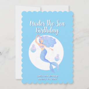 Aqua Blue Mermaid Theme Kids Birthday Party Invitation