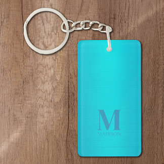 Aqua Blue Metallic Monogram Key Ring