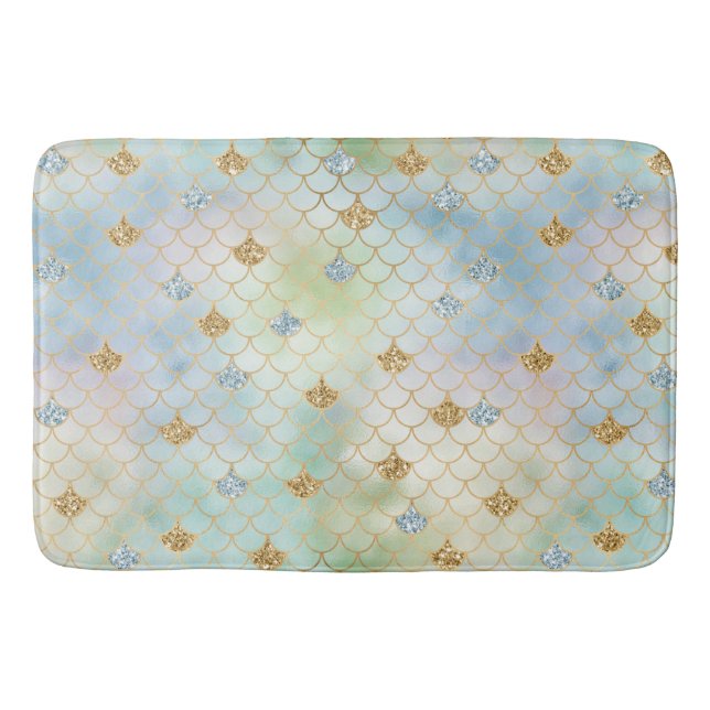 Aqua Blue Mint Gold Glitter Mermaid          Bath Mat (Front)