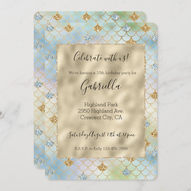 Aqua Blue Mint Gold Glitter Mermaid Invitation (Front/Back)