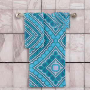 Aqua Blue Mint Teal Turquoise Ethnic Boho Pattern Bath Towel Set