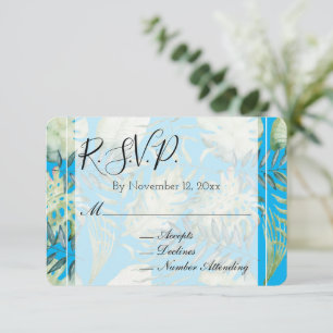 Aqua Blue Mint Tropical Green Leaves Wedding RSVP Enclosure Card