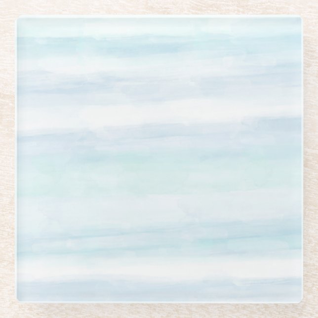 Aqua Blue Mint White Watercolor Stripes Glass Coaster (Front)