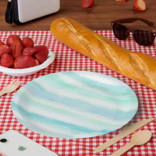 Aqua Blue Mint White Watercolor Stripes II Paper Plate