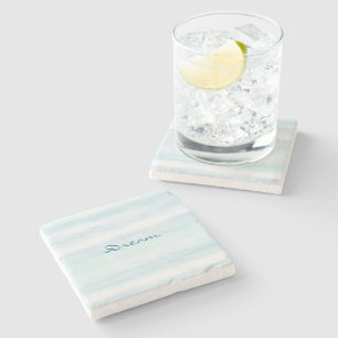 Aqua Blue Mint White Watercolor Stripes Ombre Stone Coaster
