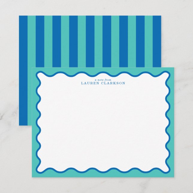 Aqua & Blue Modern Wavy Border Note Card (Front/Back)