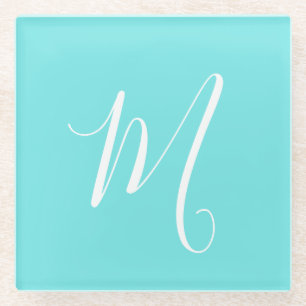 Aqua Blue Monogram Initial Glass Coaster