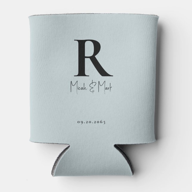 Aqua Blue Monogram Wedding Can Cooler (Front)