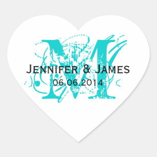 Aqua Blue Monogram Wedding Stickers Heart Shape