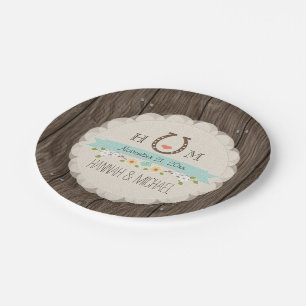 Aqua Blue Monogrammed Horseshoe Heart Wedding Paper Plate