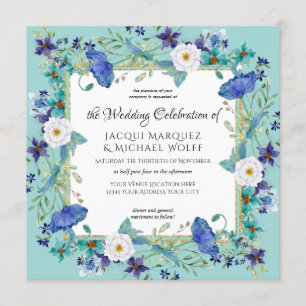 Aqua Blue n Gold Watercolor Elegant Floral Wedding Invitation
