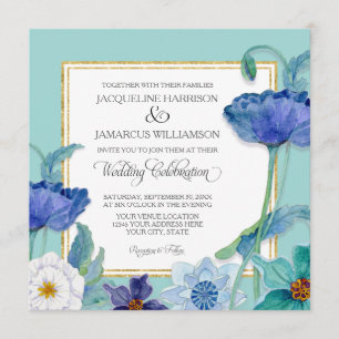 Aqua Blue n White Watercolor Poppy Art Deco Floral Invitation