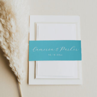 Aqua Blue Names and Wedding Date Invitation Belly Band
