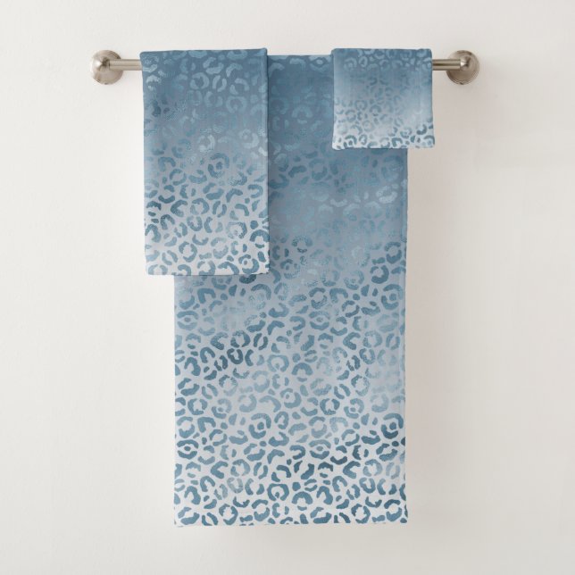 Aqua Blue Navy Ombre Leopard Print Bath Towel Set (Insitu)