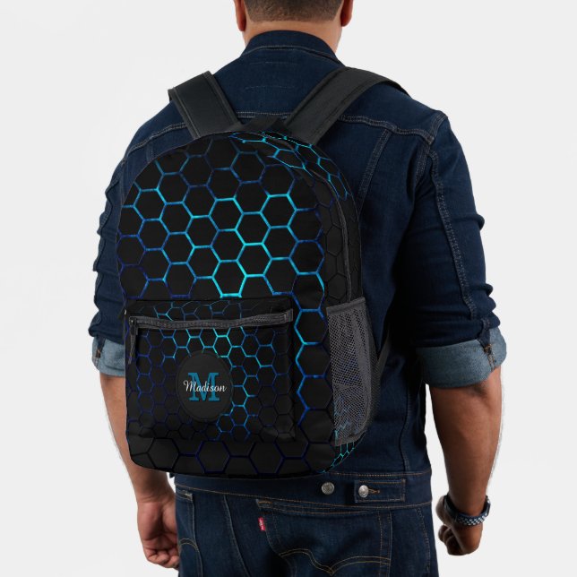 Aqua blue neon honeycomb geometry Monogram Black  Printed Backpack (Insitu (Model))