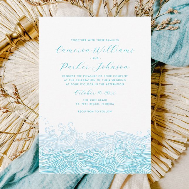 Aqua Blue Ocean Waves Beach Wedding Invitation (Ocean Waves Beach Wedding Invitation for a Modern Aqua Blue Coastal Wedding by Concertina Press)