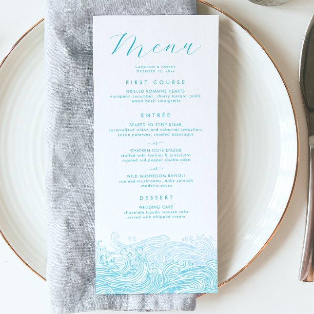 Aqua Blue Ocean Waves Beach Wedding Menu (Ocean Waves Beach Wedding Menu in Aqua Blue for a Coastal Celebration from Concertina Press)