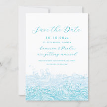 Aqua Blue Ocean Waves Beach Wedding Save The Date