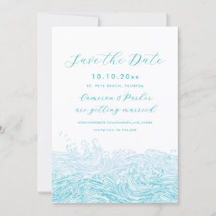 Aqua Blue Ocean Waves Beach Wedding Save The Date