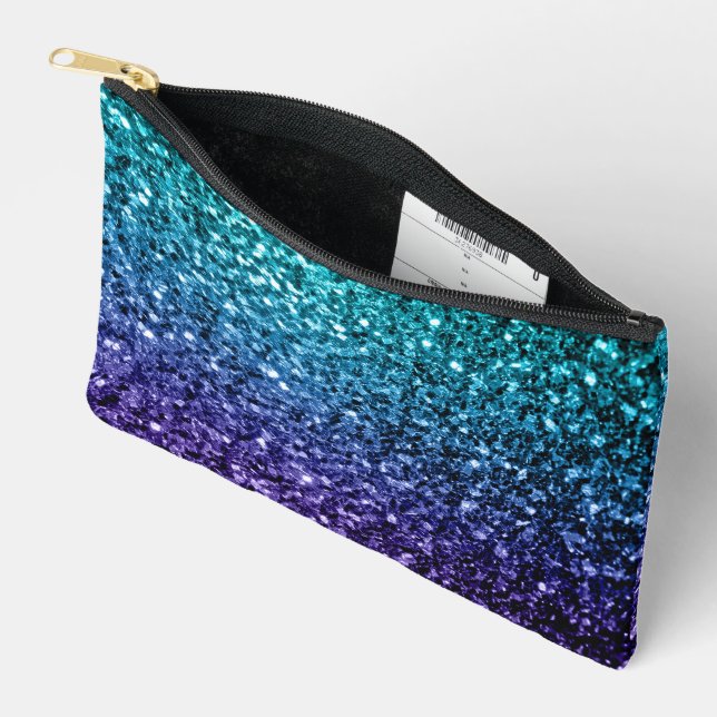 Aqua blue ombre faux glitter sparkles accessory pouch (Open)