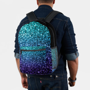 Aqua blue ombre faux glitter sparkles and black printed backpack