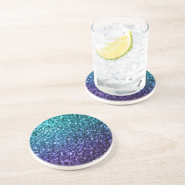 Aqua blue Ombre faux glitter sparkles Coaster (Side)