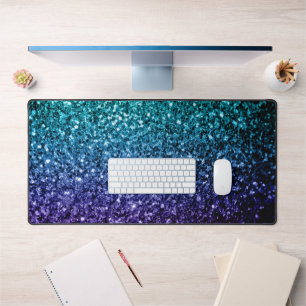 Aqua blue ombre faux glitter sparkles desk mat