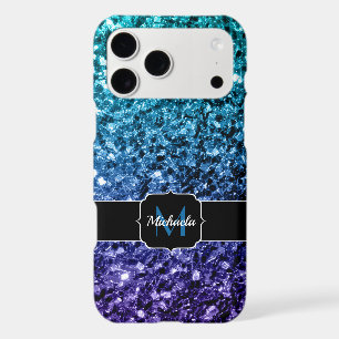 Aqua blue ombre faux glitter sparkles Monogram