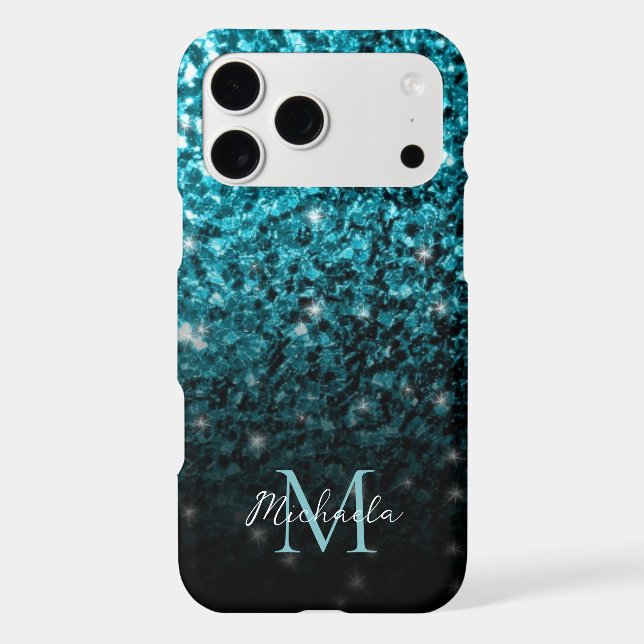Aqua blue Ombre faux glitter sparkles Monogram (Back)