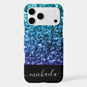 Aqua blue Ombre faux glitter sparkles Monogram