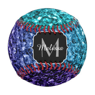 Aqua blue ombre faux glitter sparkles Monogram Baseball