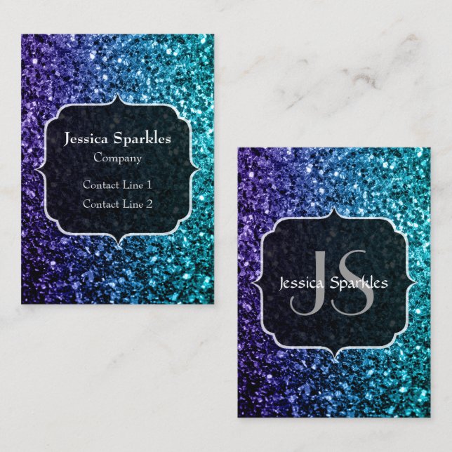 Aqua blue Ombre faux glitter sparkles Monogram Business Card (Front/Back)