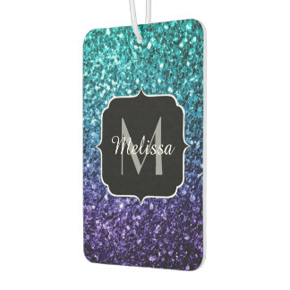 Aqua blue Ombre faux glitter sparkles Monogram Car Air Freshener