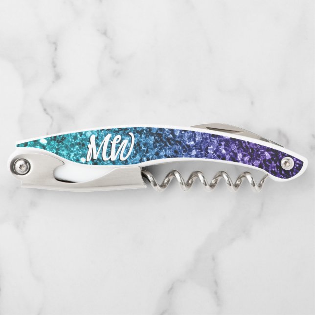 Aqua blue Ombre faux glitter sparkles Monogram Corkscrew (Front)