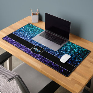 Aqua blue ombre faux glitter sparkles Monogram Desk Mat