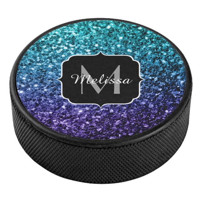 Aqua blue Ombre faux glitter sparkles Monogram Hockey Puck (3/4)