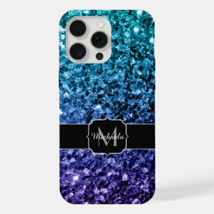 Aqua blue Ombre faux glitter sparkles Monogram iPhone 15 Pro Max Case