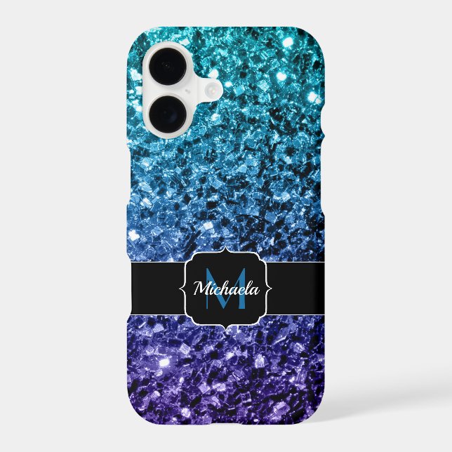 Aqua blue ombre faux glitter sparkles Monogram iPhone Case (Back)