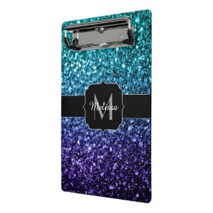 Aqua blue Ombre faux glitter sparkles Monogram Mini Clipboard