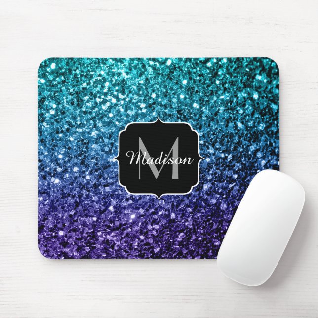 Aqua blue Ombre faux glitter sparkles Monogram Mouse Pad (With Mouse)